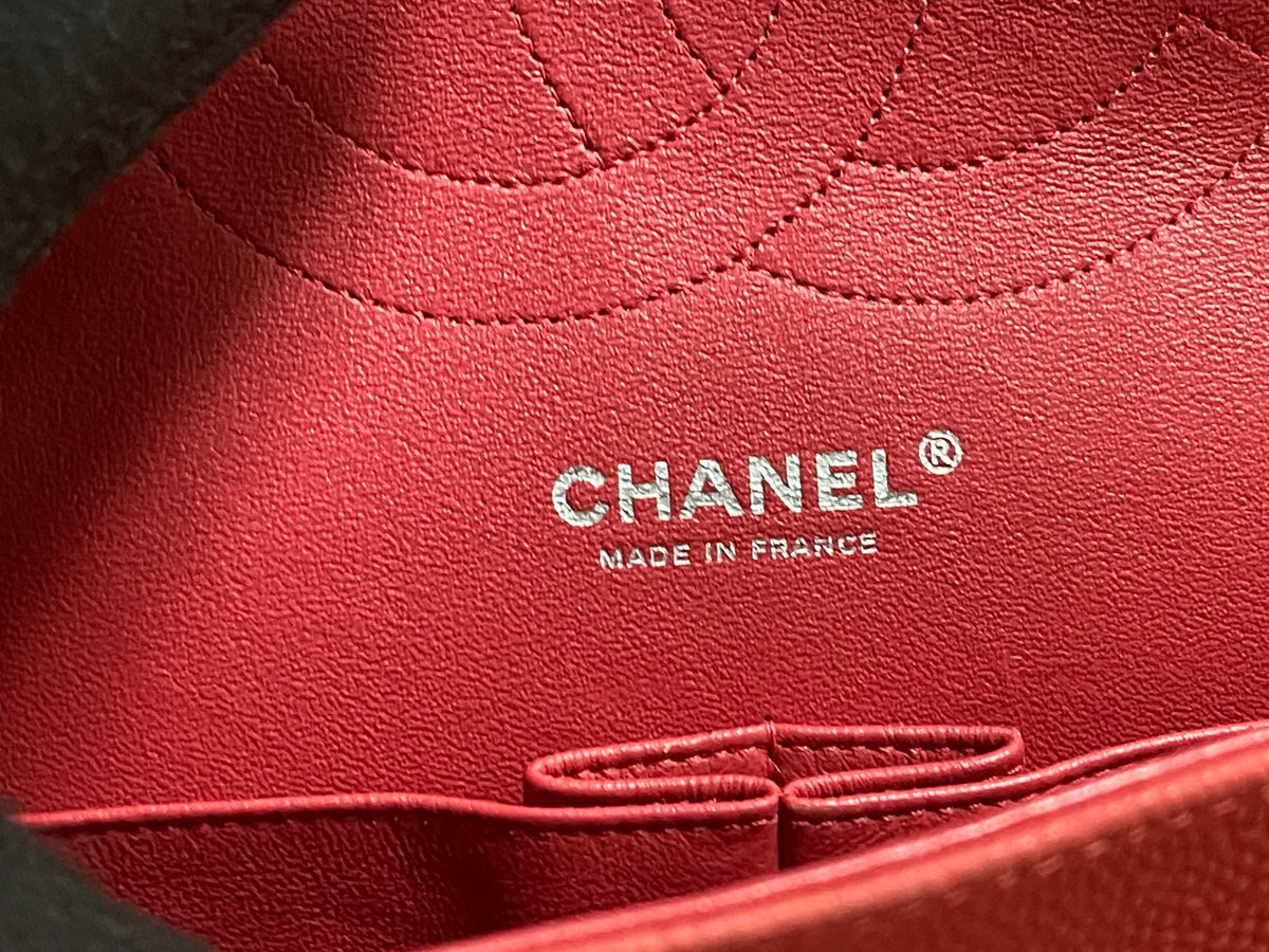 Chanel double flap bag red caviar jumbo silver gold hardware