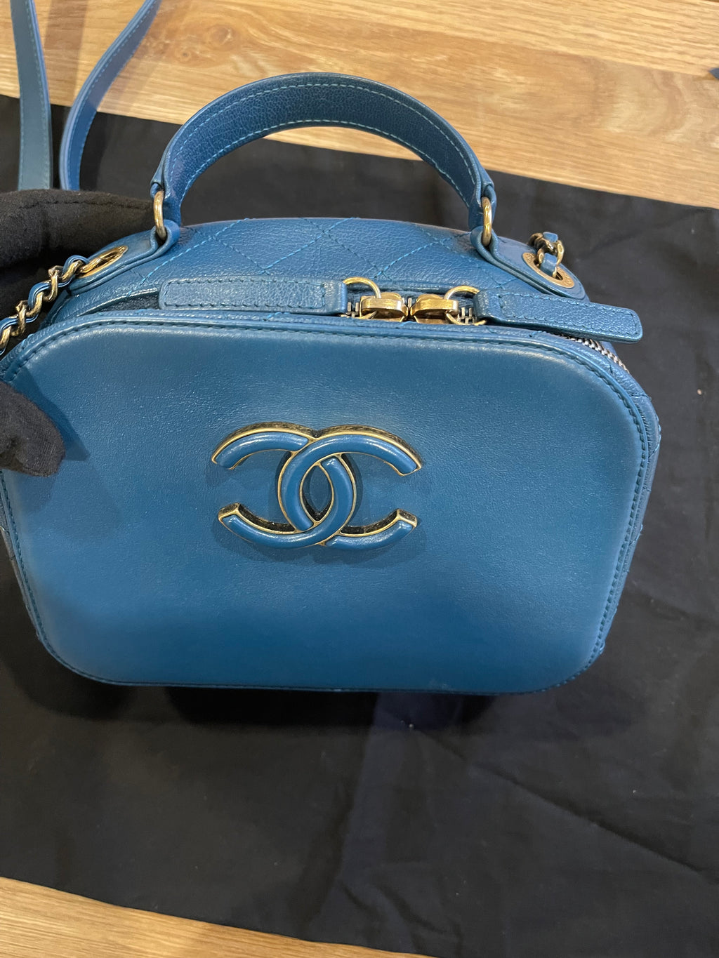chanel small blue bag gold hardware