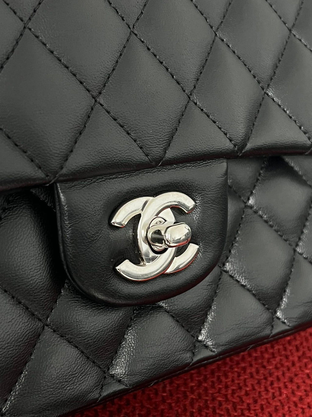 Chanel  Classic double flap bag lambskin black medium silver hardware