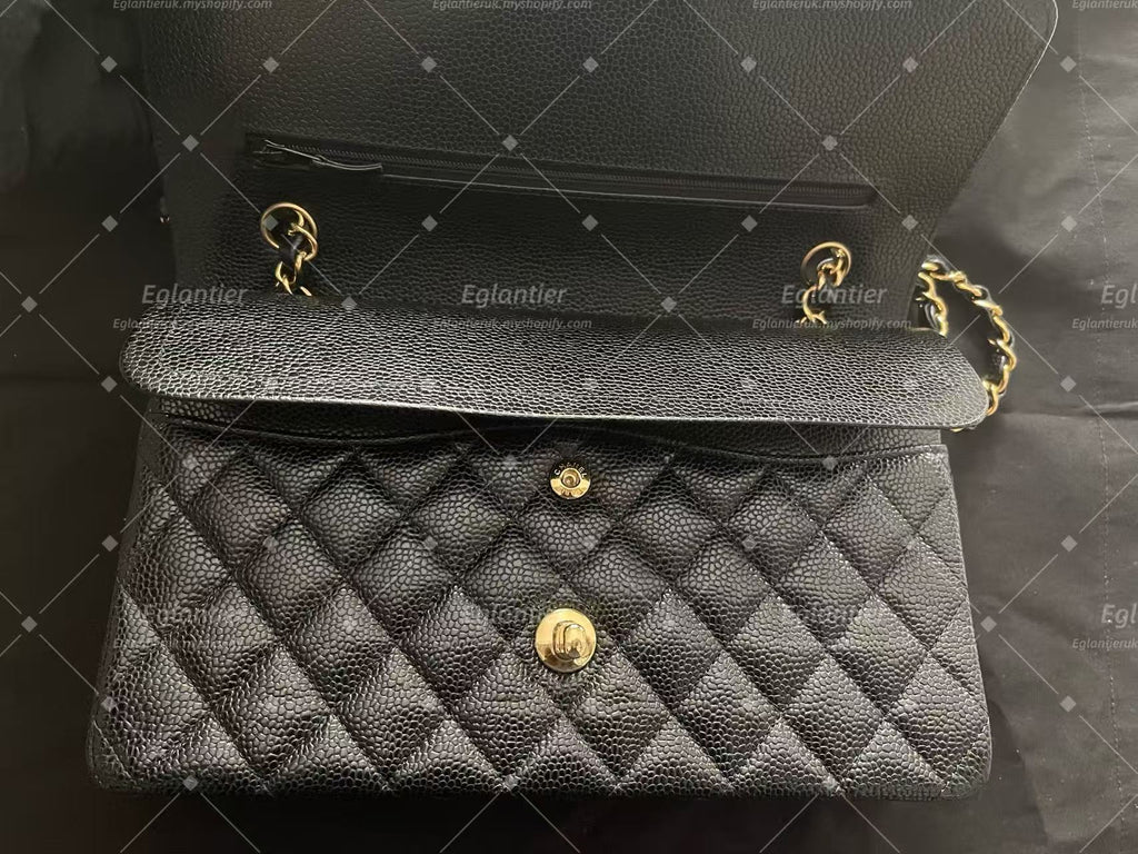 Chanel Timeless Classic double flap black medium caviar gold hardware microchip