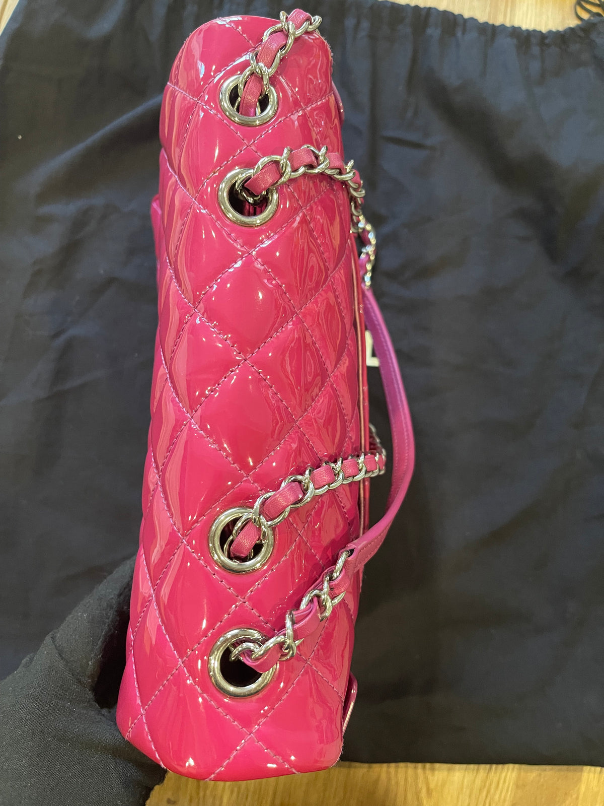 Chanel flap bag pink silver hardware patent leather