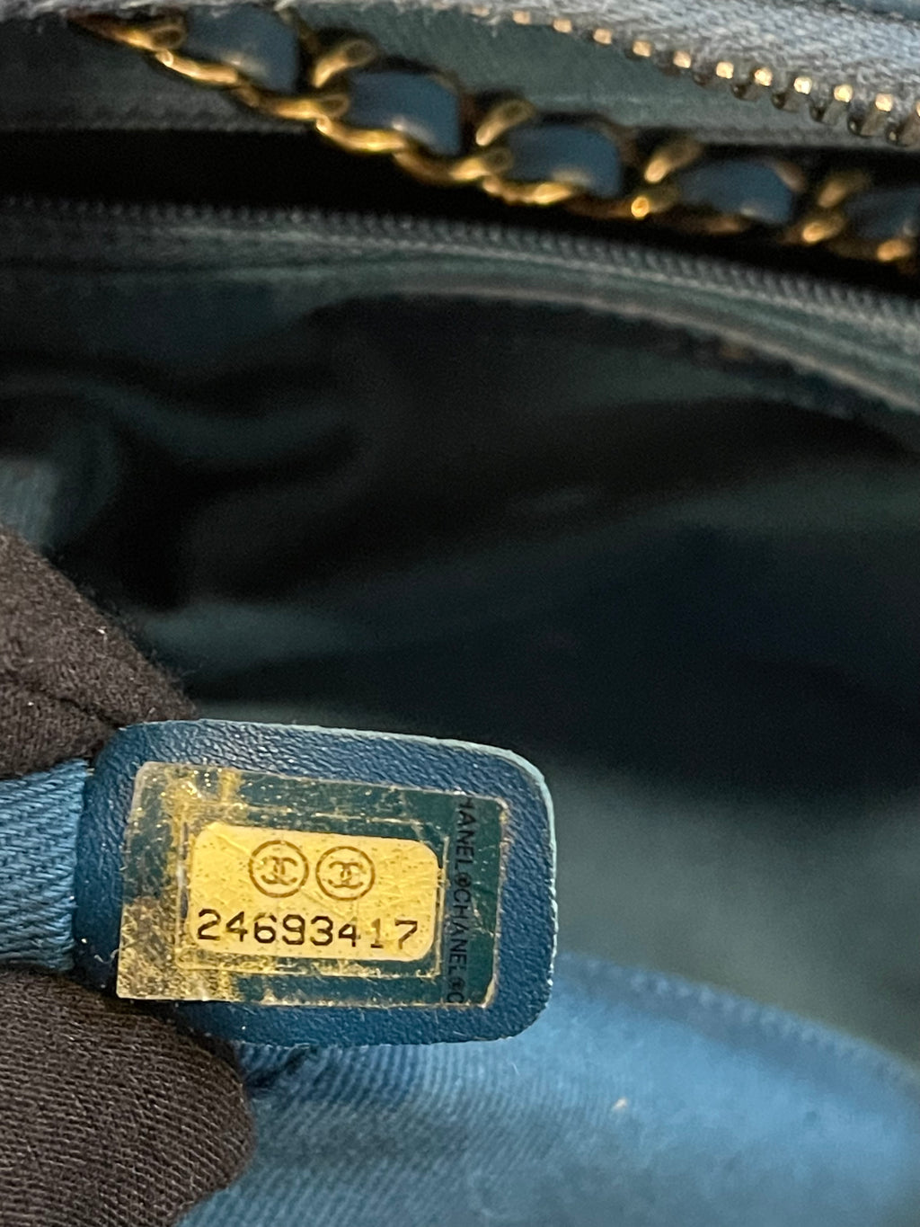 chanel small blue bag gold hardware