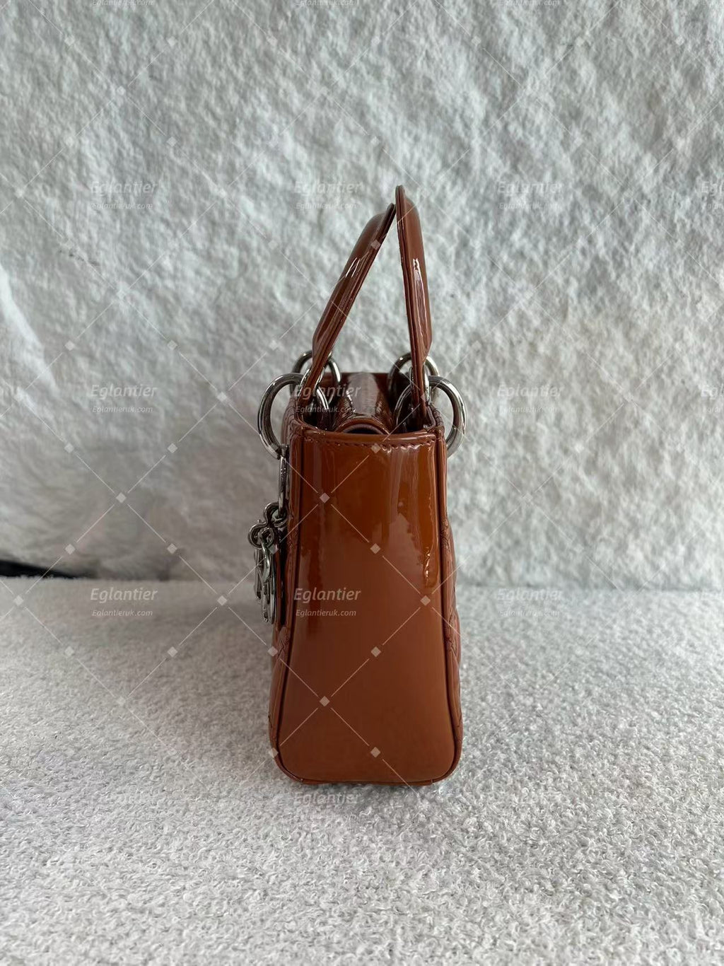 Lady Dior Mini Tan Patent leather silver hardware