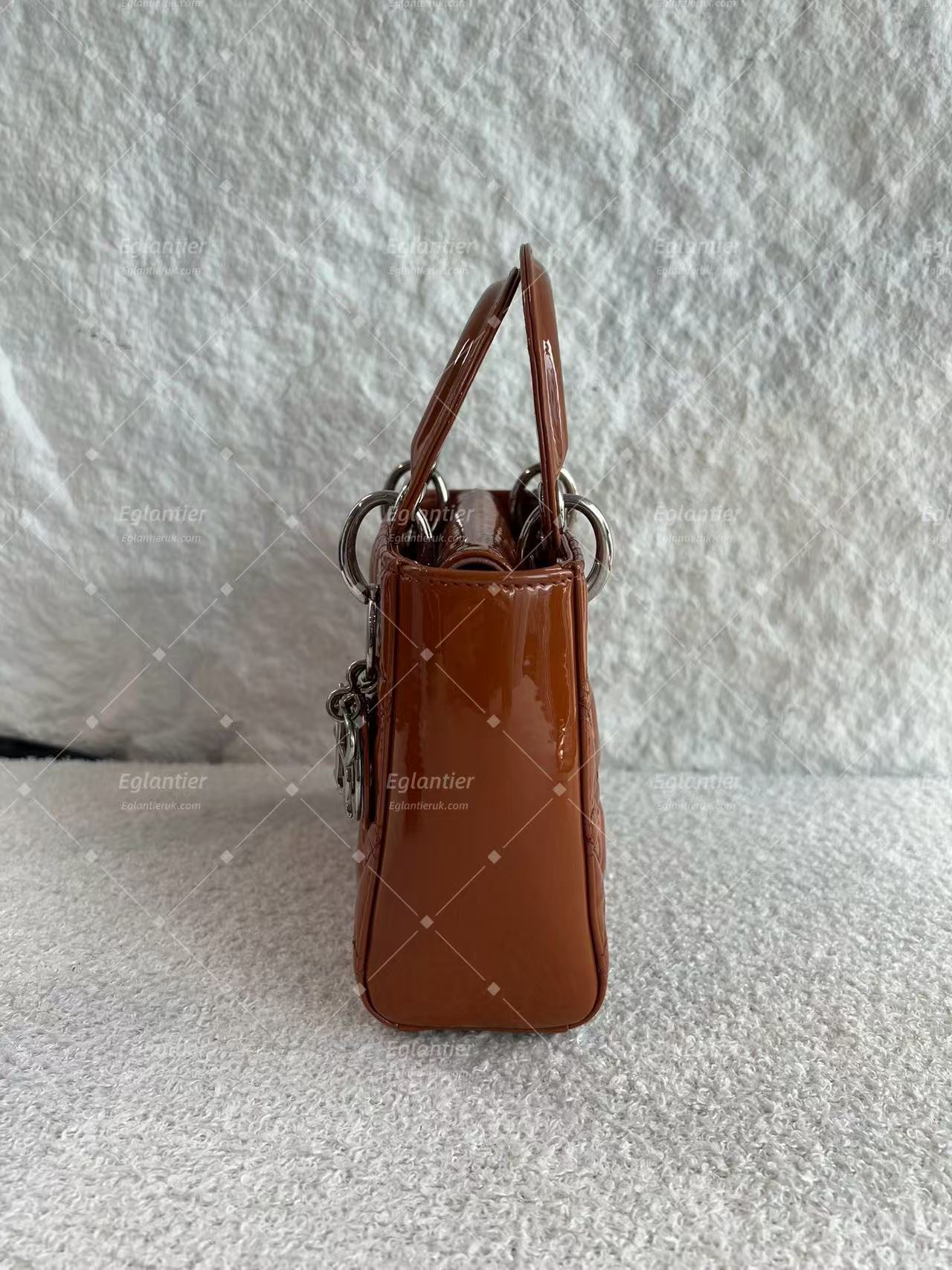 Lady Dior Mini Tan Patent leather silver hardware