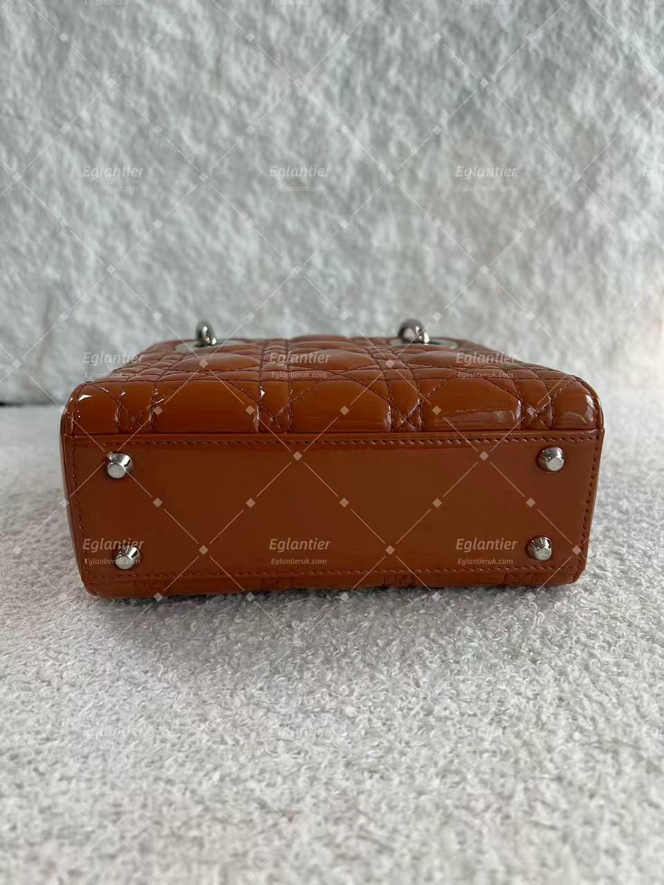 Lady Dior Mini Tan Patent leather silver hardware