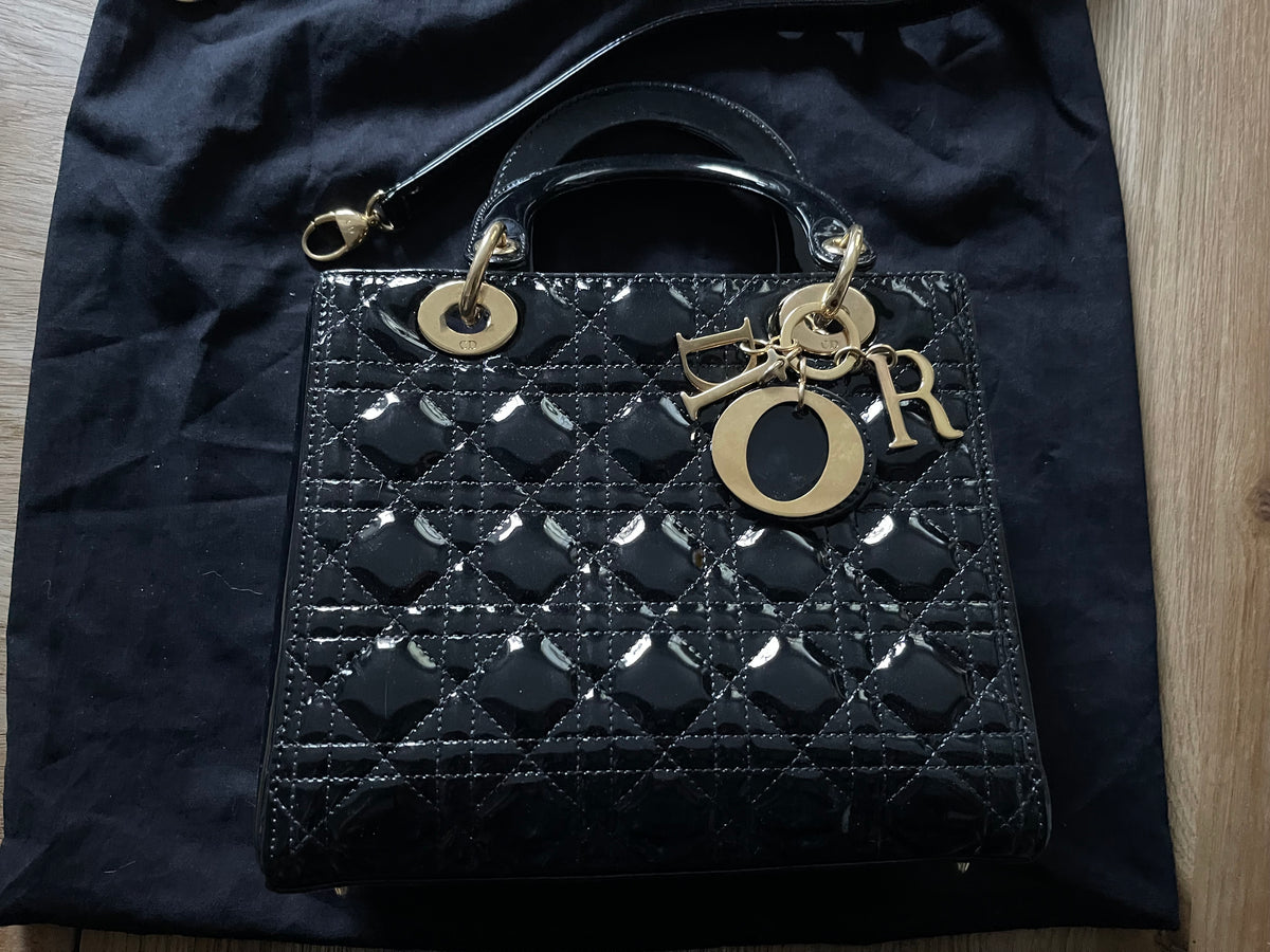 lady dior medium black gold hardware patent leather