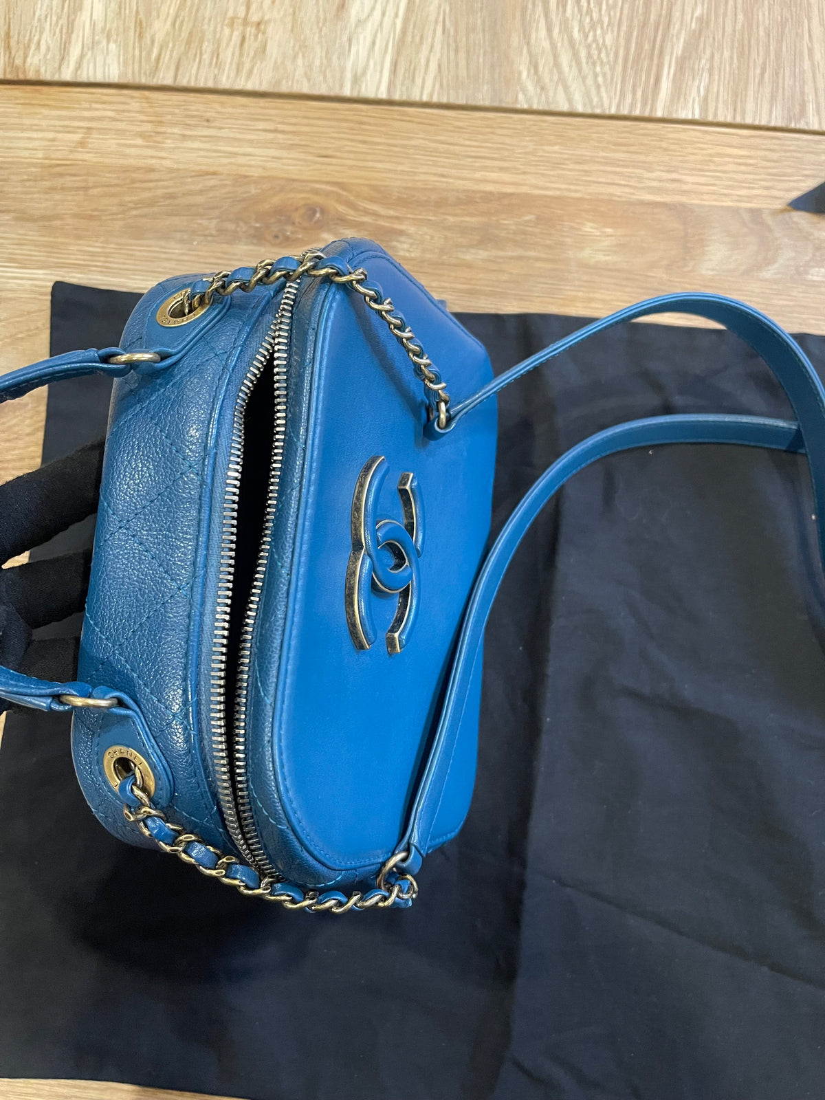 chanel small blue bag gold hardware