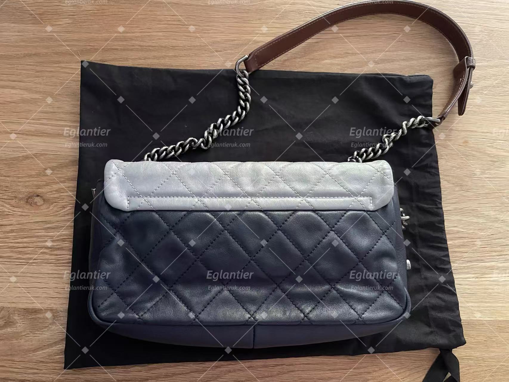chanel navy/grey single flap bag calfskin silver hardware