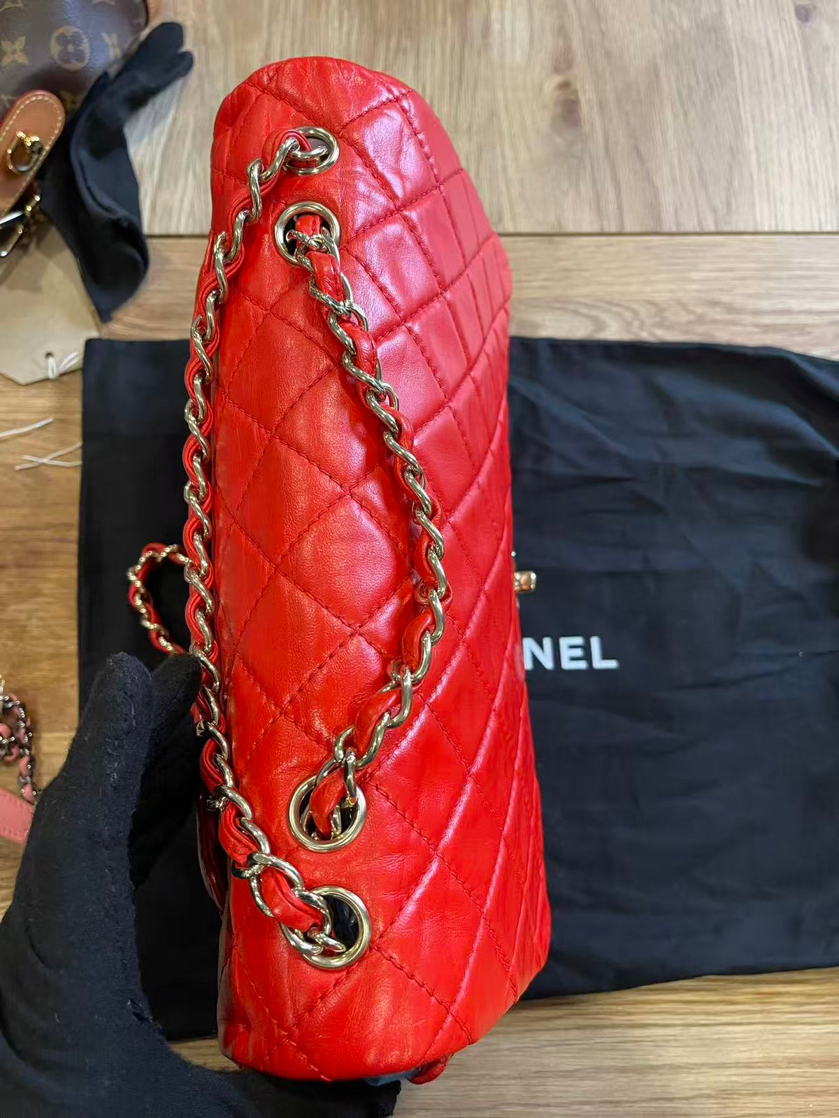 Chanel single flap bag red jumbo gold hardware lambskin