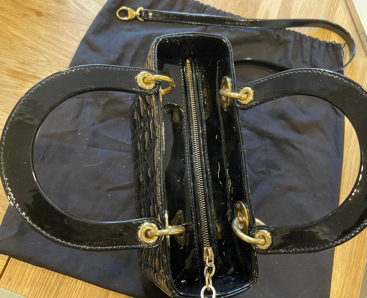 lady dior medium black gold hardware patent leather