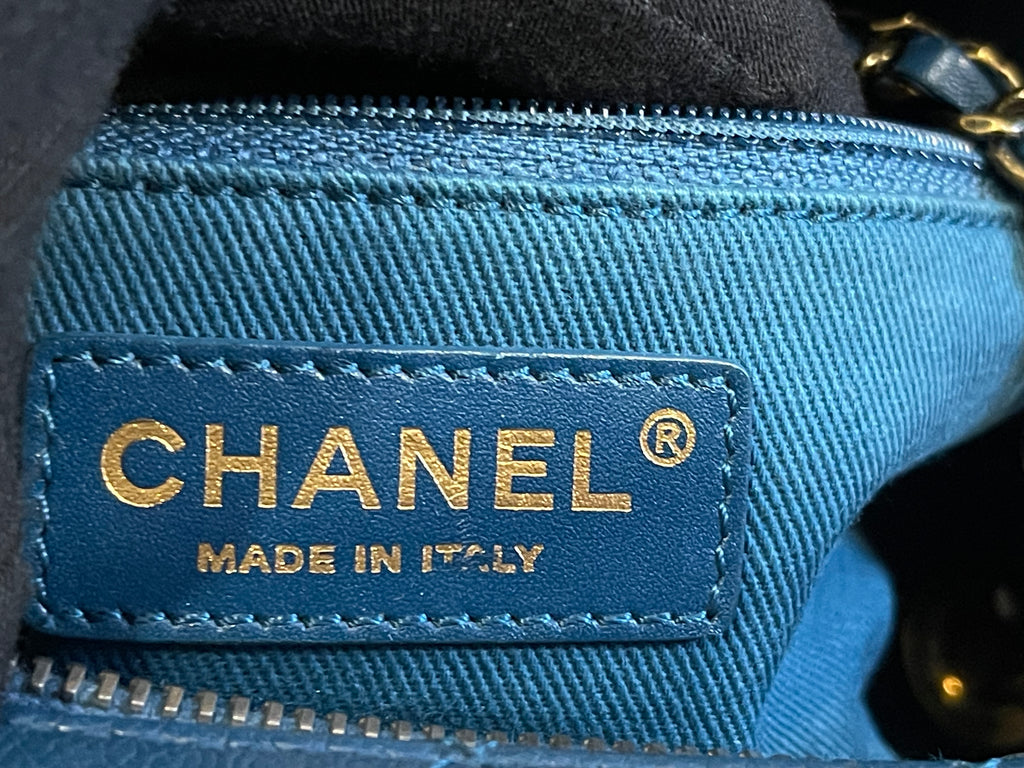 chanel small blue bag gold hardware
