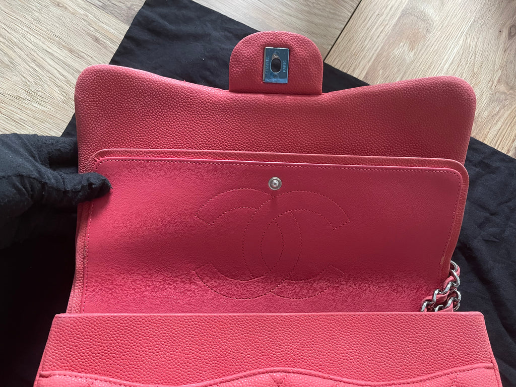 Chanel double flap bag red caviar jumbo silver gold hardware