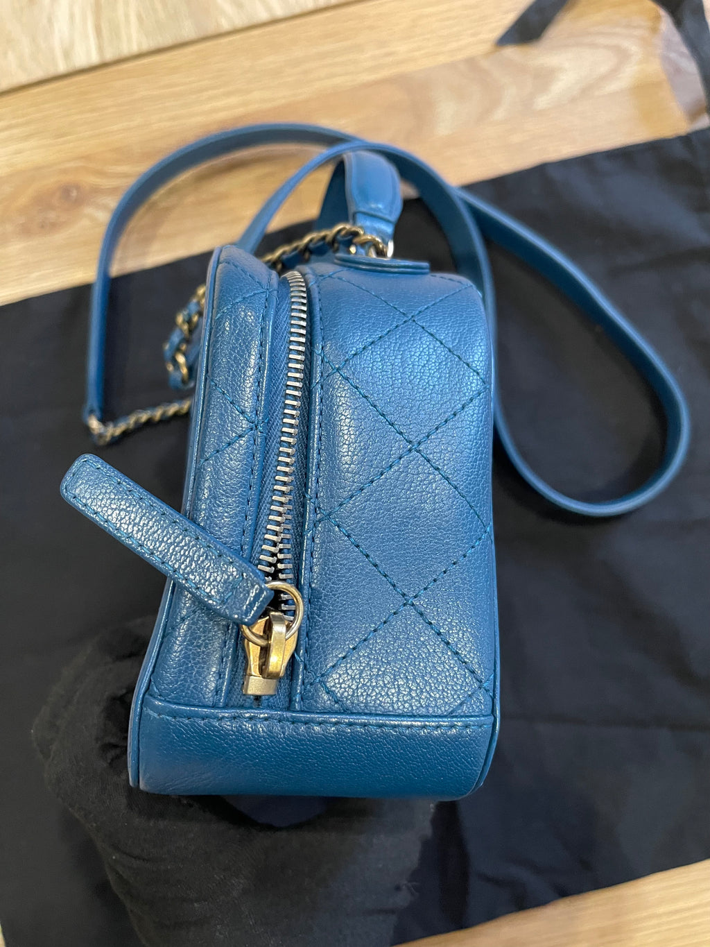 chanel small blue bag gold hardware