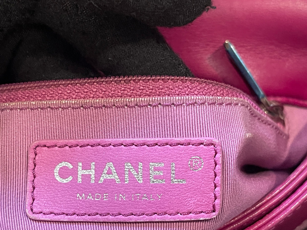Chanel flap bag pink silver hardware patent leather