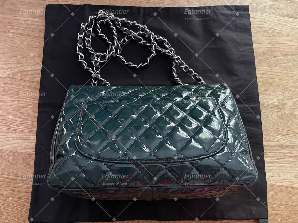 Chanel double flap bag patent leather dark green jumbo