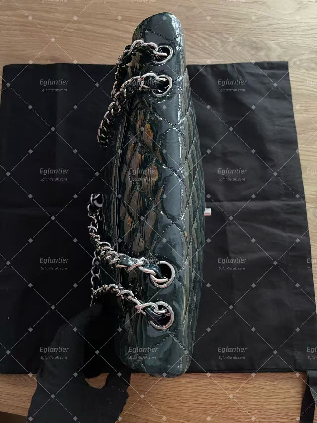 Chanel double flap bag patent leather dark green jumbo