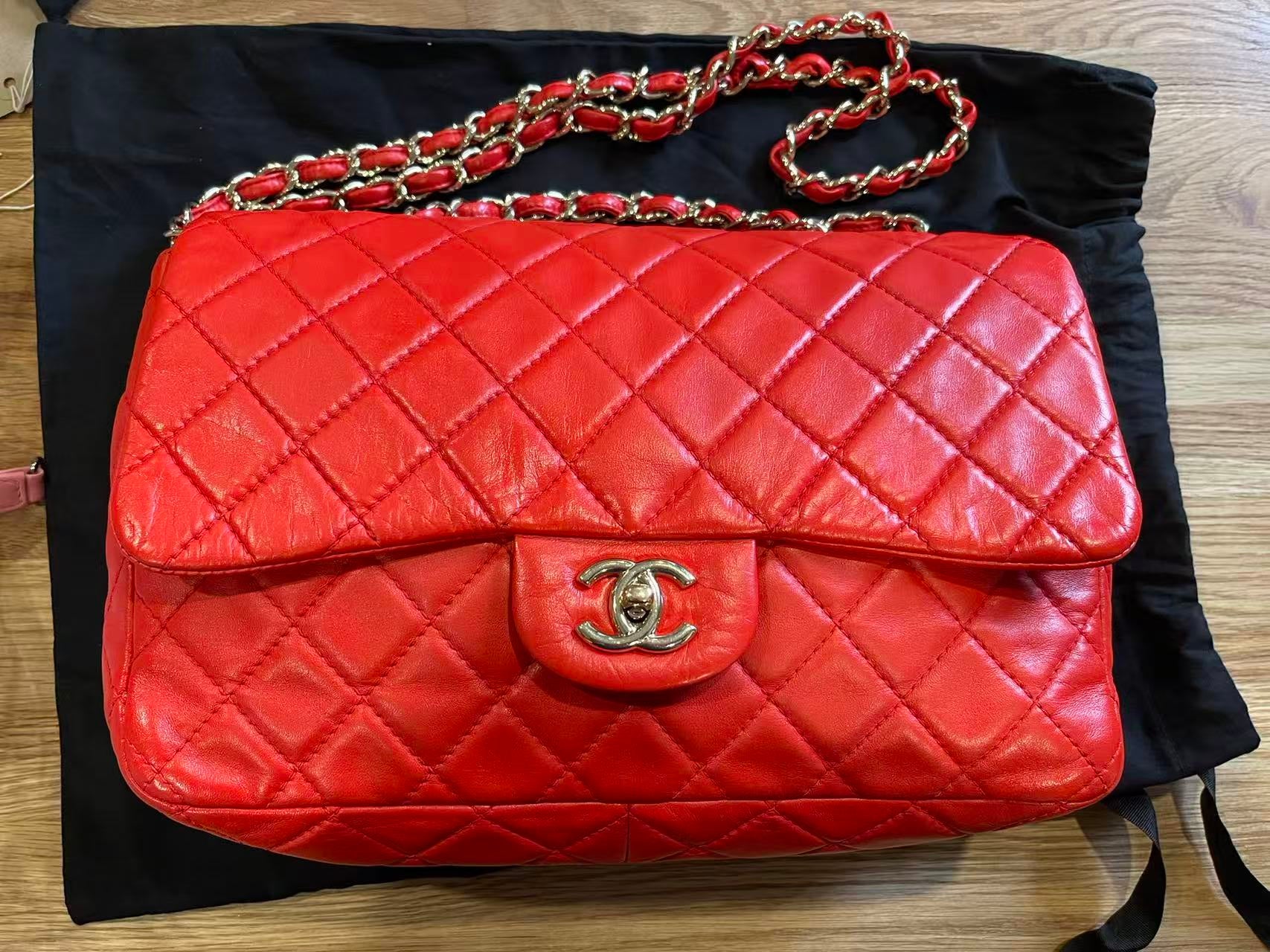 Chanel single flap bag red jumbo gold hardware lambskin