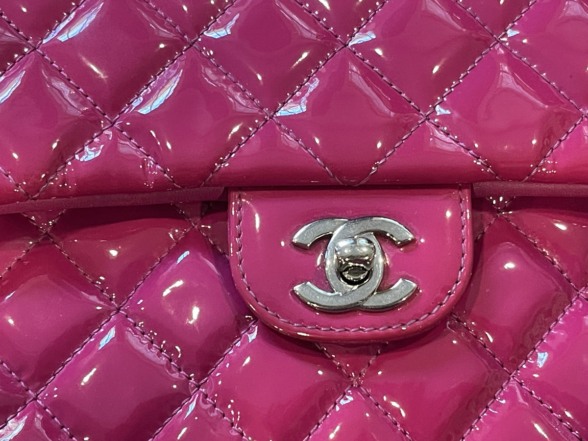 Chanel flap bag pink silver hardware patent leather