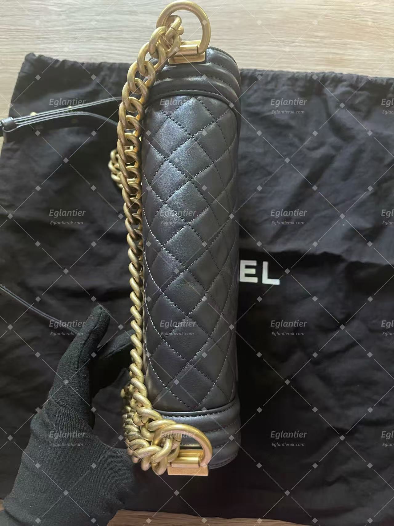 chanel leboy medium black flap bag lambskin gold hardware ID card