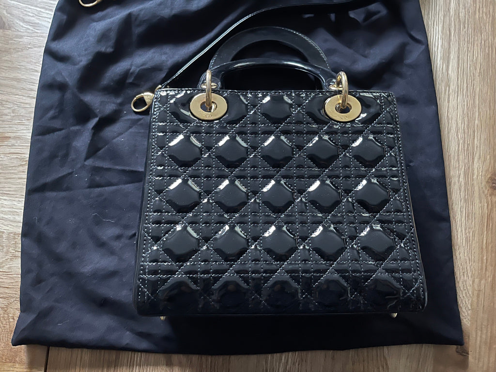 lady dior medium black gold hardware patent leather