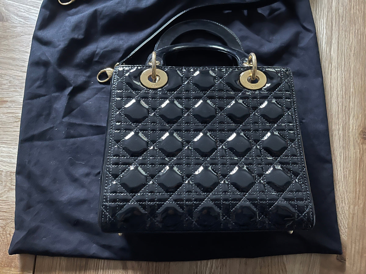 lady dior medium black gold hardware patent leather