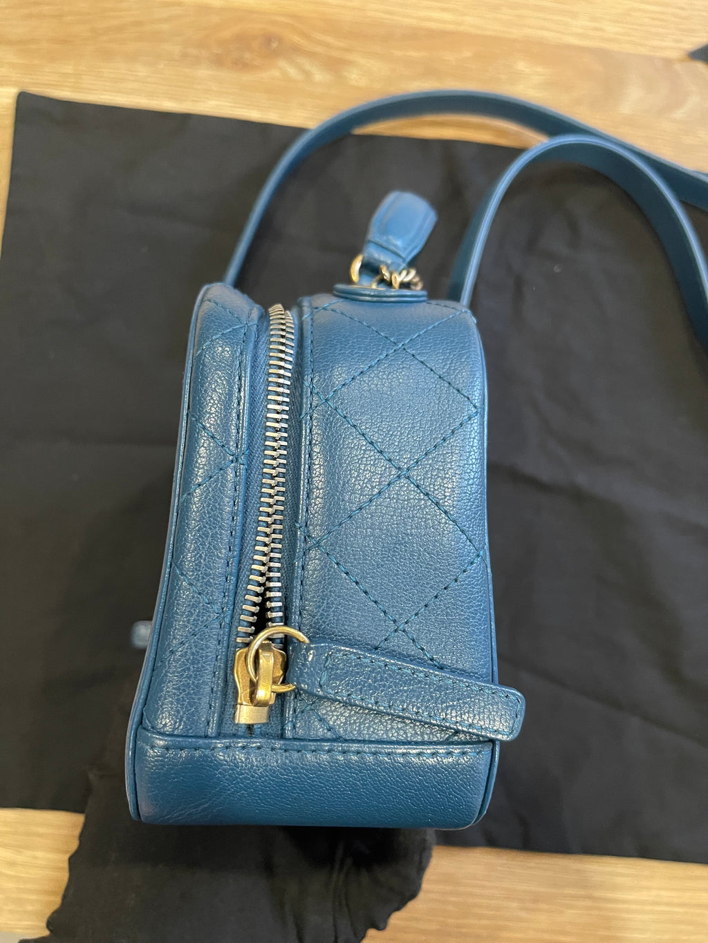 chanel small blue bag gold hardware