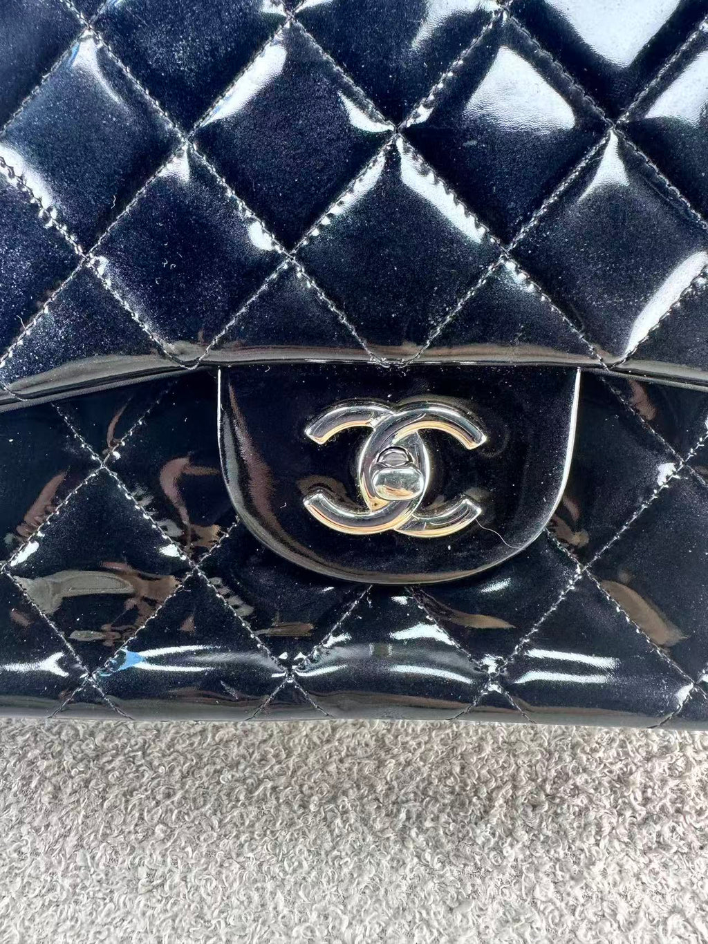 Chanel double flap bag black patent jumbo
