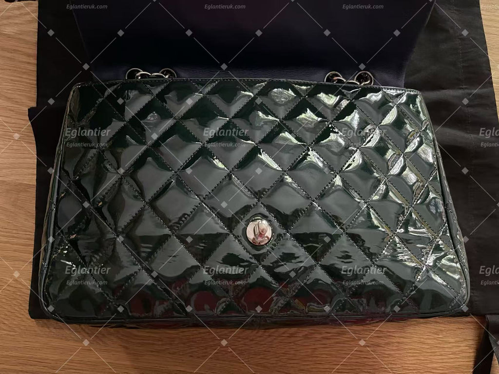 Chanel double flap bag patent leather dark green jumbo