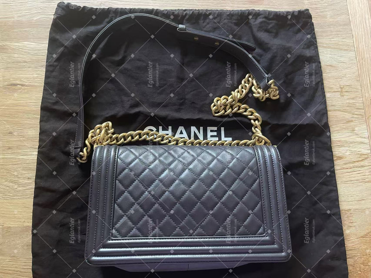 chanel leboy medium black flap bag lambskin gold hardware ID card