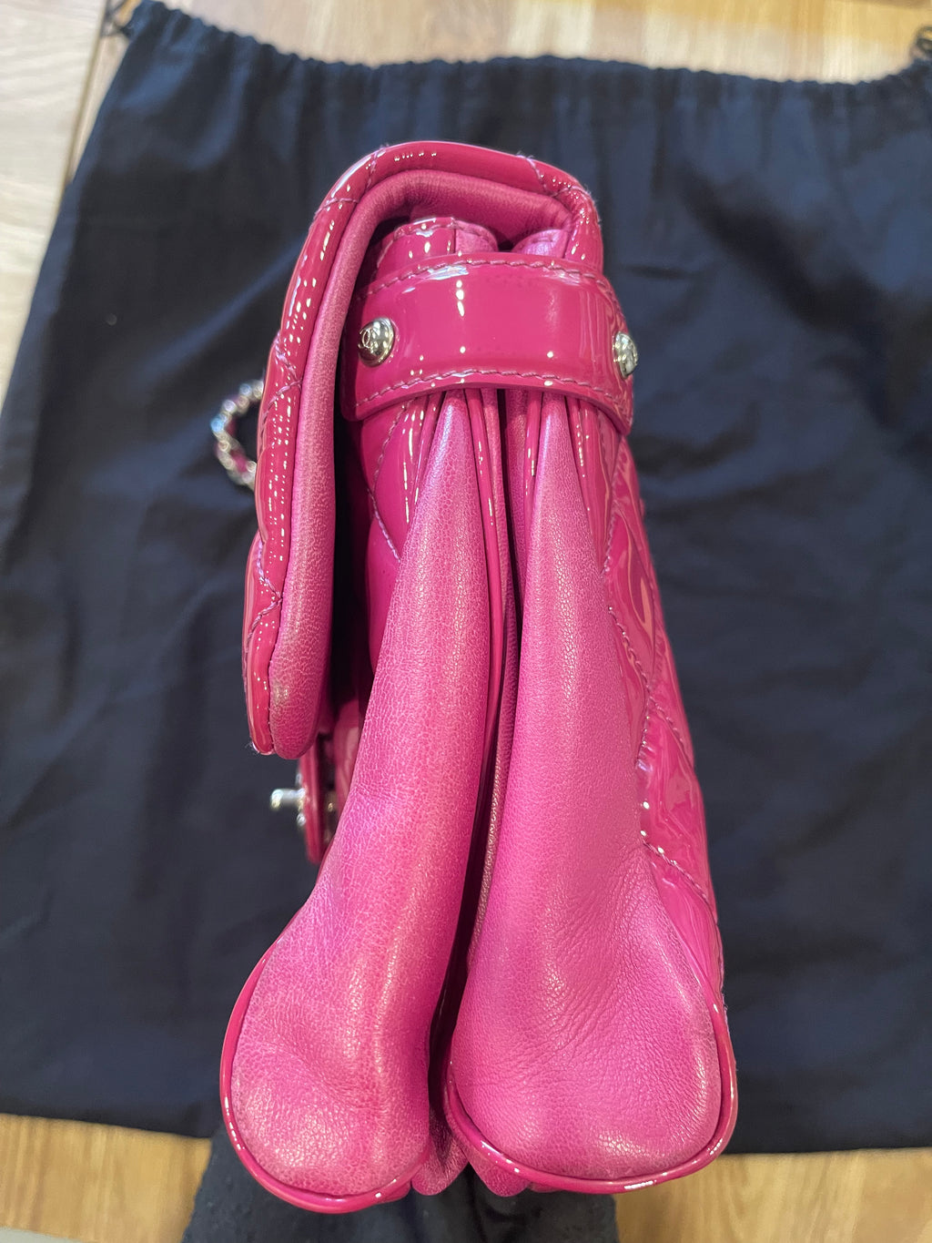 Chanel flap bag pink silver hardware patent leather