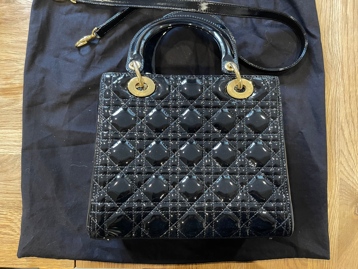 lady dior medium black gold hardware patent leather