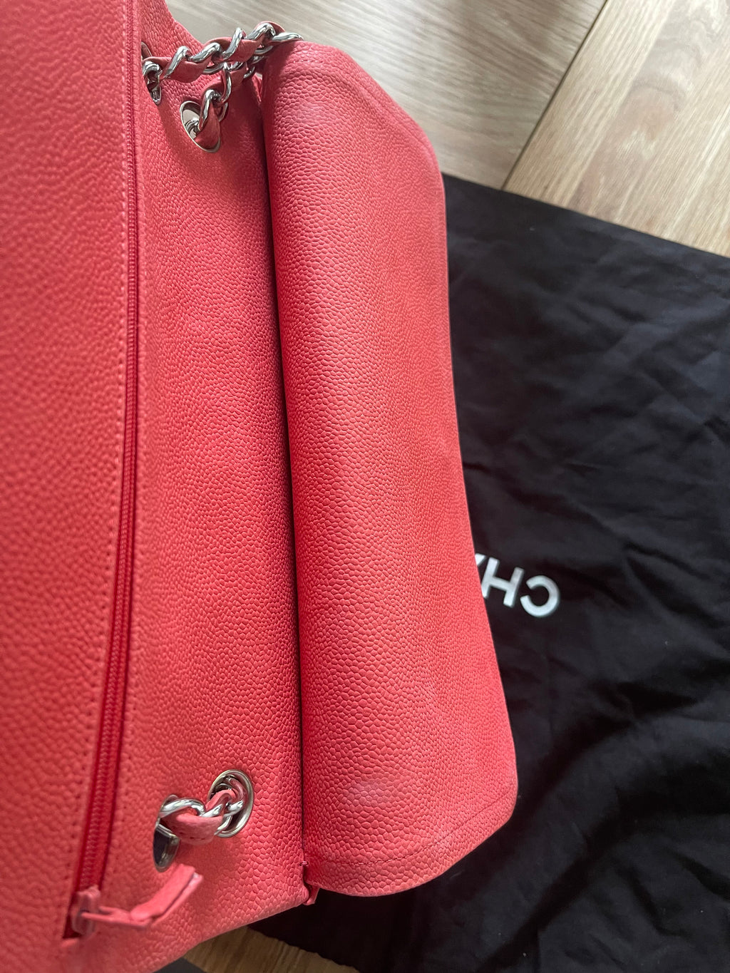 Chanel double flap bag red caviar jumbo silver gold hardware