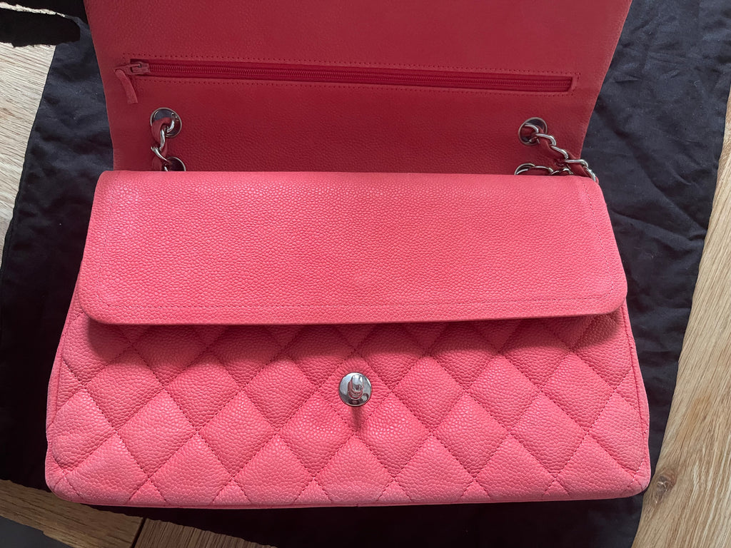 Chanel double flap bag red caviar jumbo silver gold hardware
