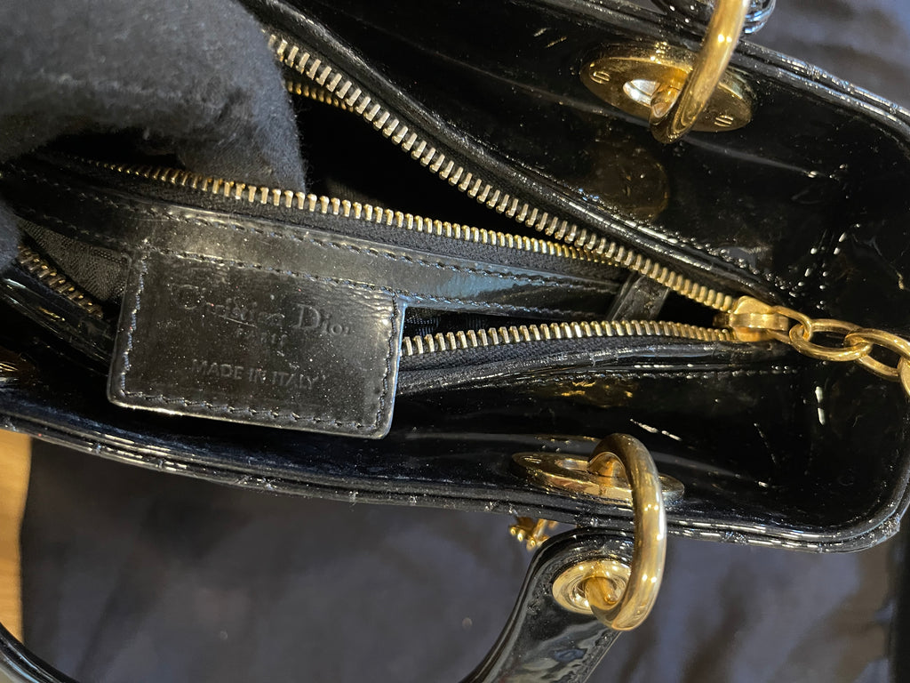 lady dior medium black gold hardware patent leather
