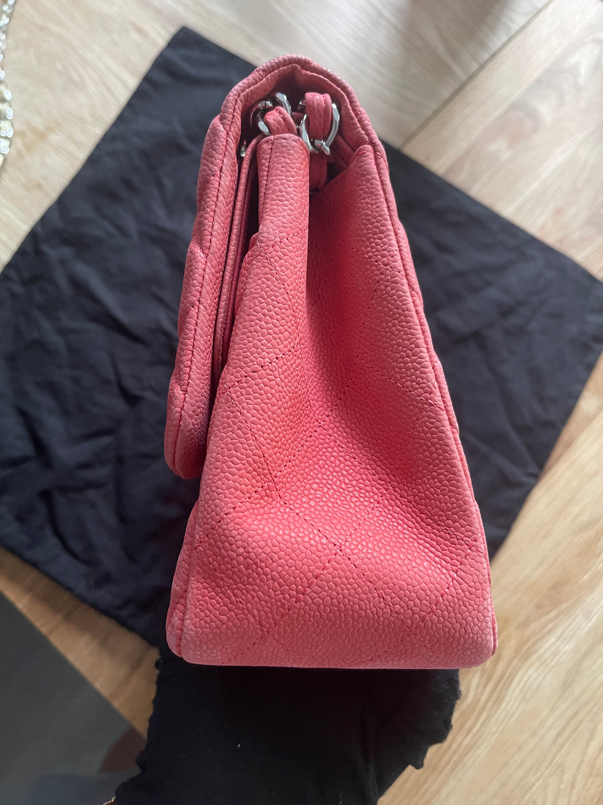 Chanel double flap bag red caviar jumbo silver gold hardware