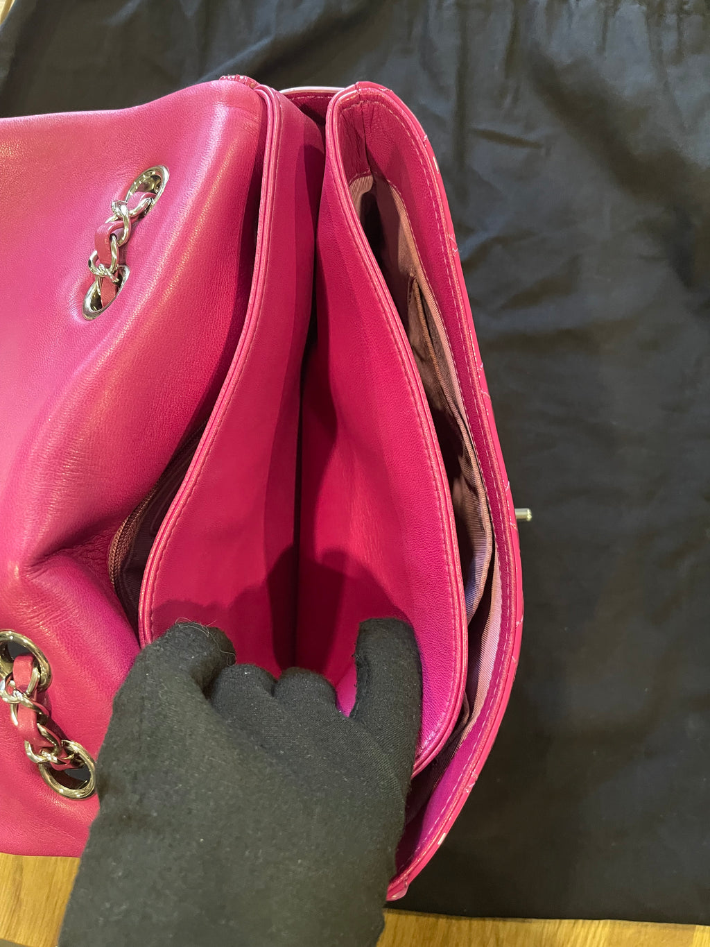 Chanel flap bag pink silver hardware patent leather
