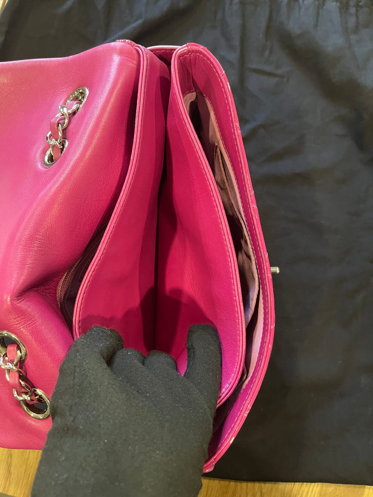 Chanel flap bag pink silver hardware patent leather