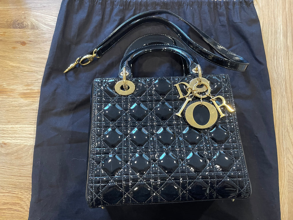 lady dior medium black gold hardware patent leather