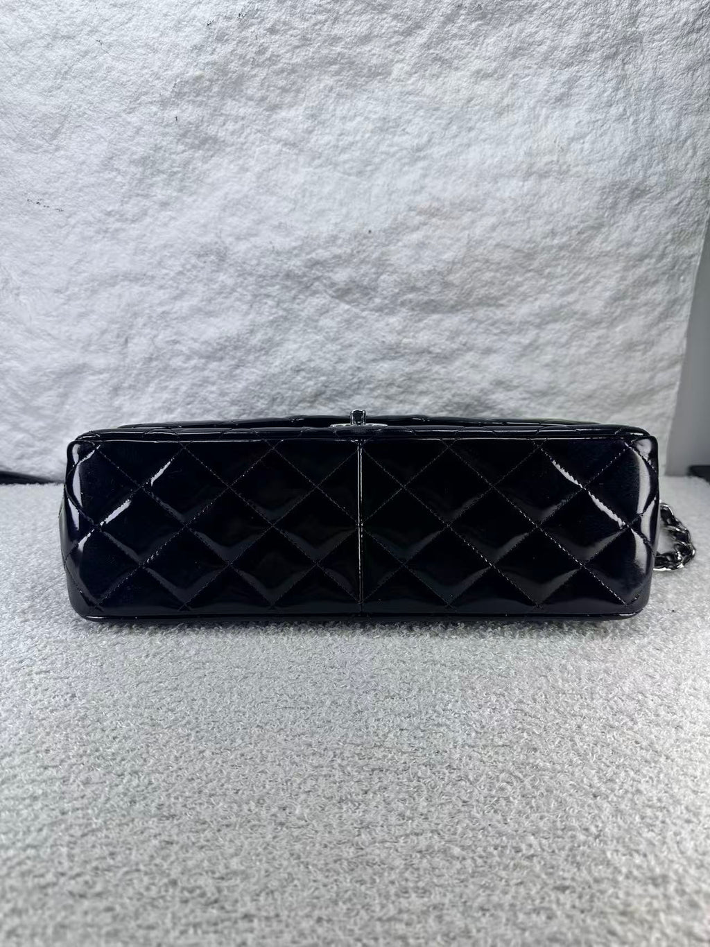 Chanel double flap bag black patent jumbo