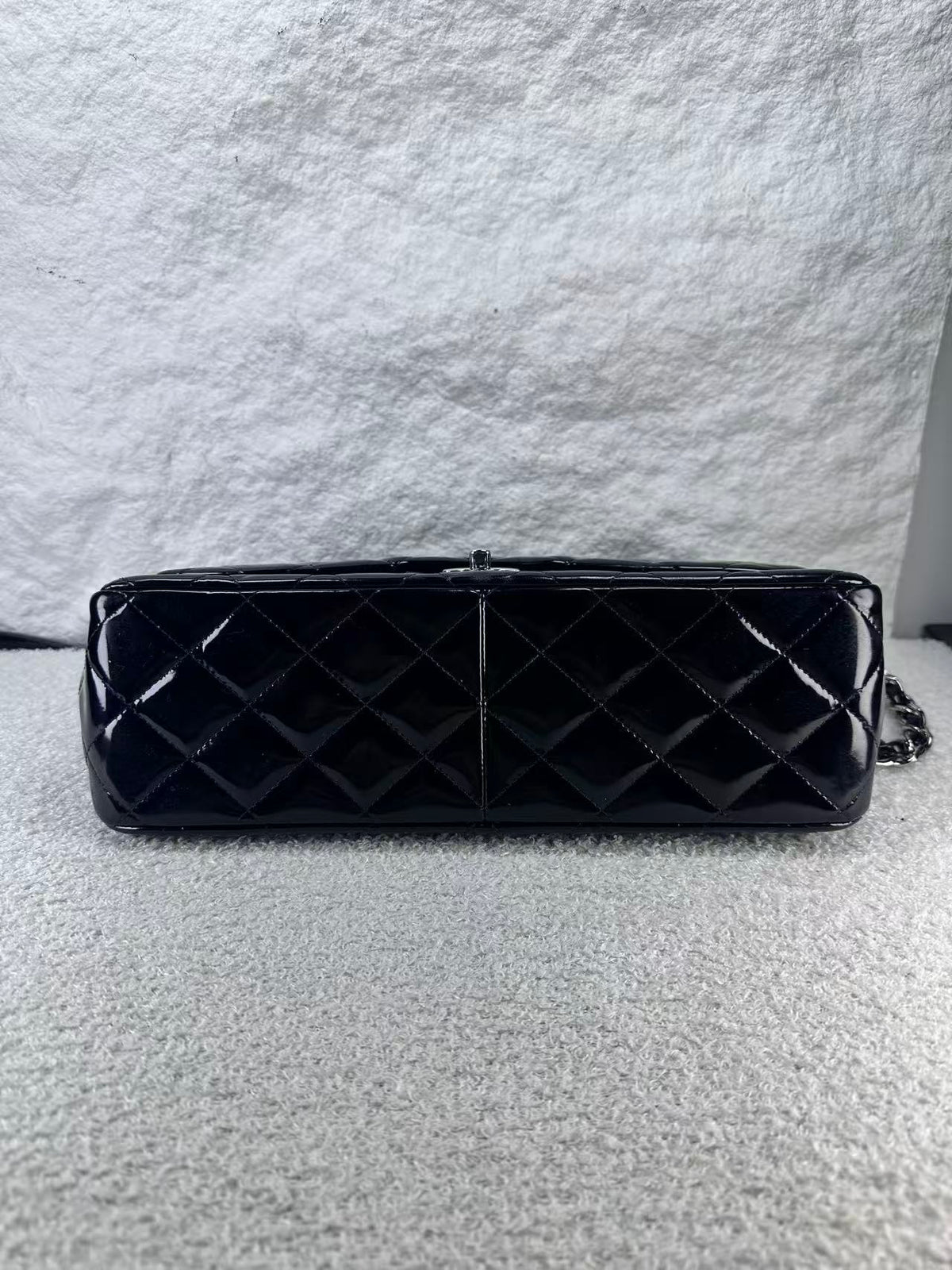Chanel double flap bag black patent jumbo