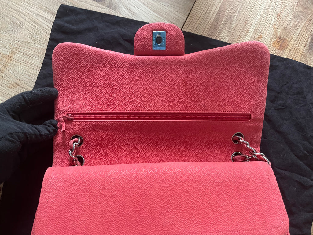 Chanel double flap bag red caviar jumbo silver gold hardware