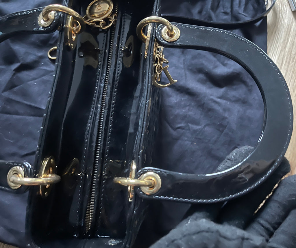 lady dior medium black gold hardware patent leather