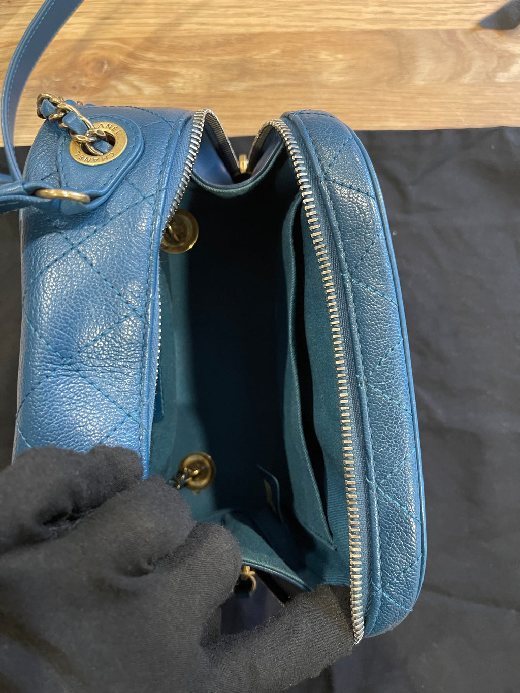 chanel small blue bag gold hardware