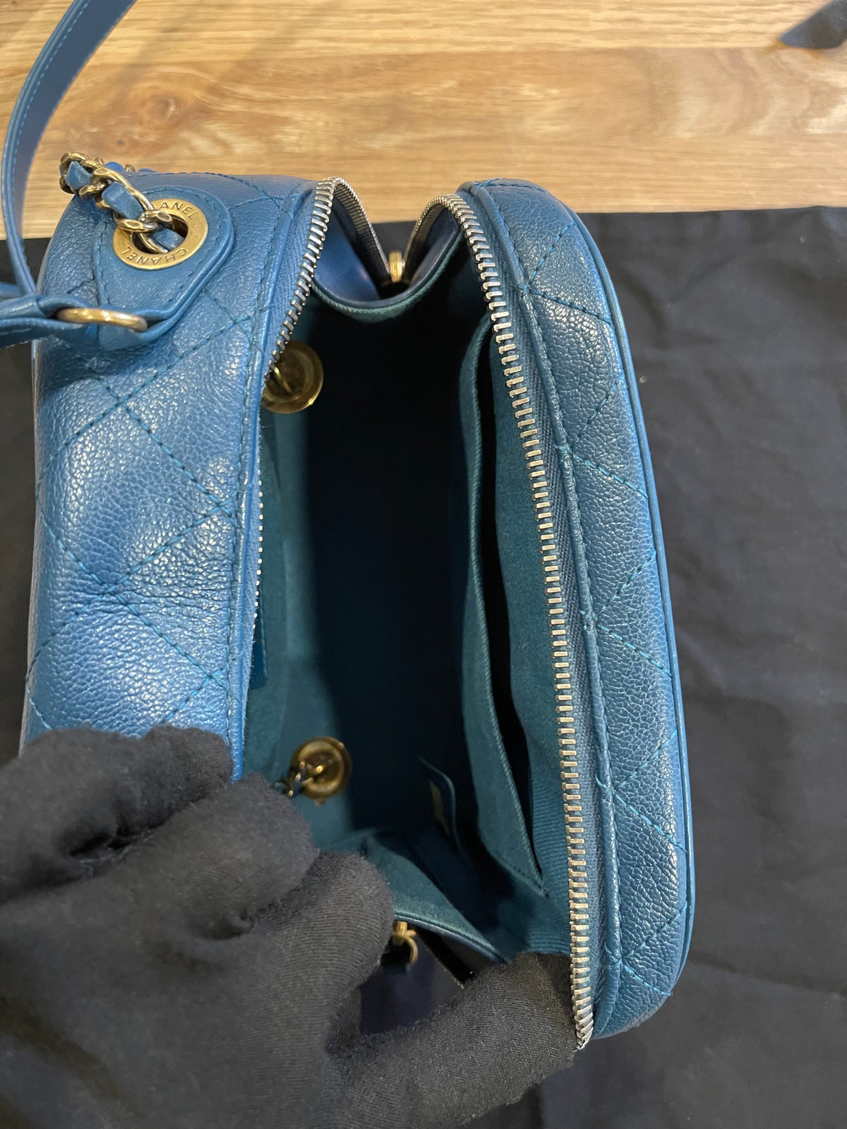 chanel small blue bag gold hardware