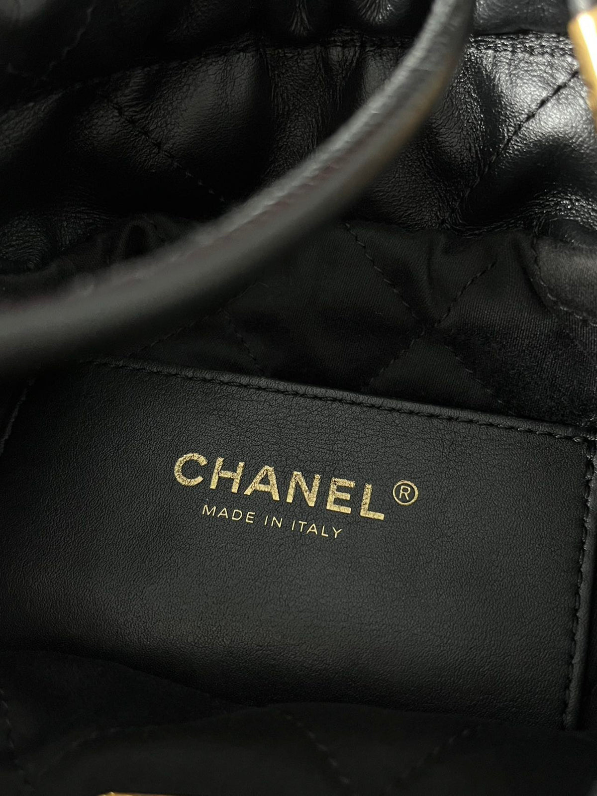 Chanel 22 bucket bag mini black shiny calfskin gold hardware