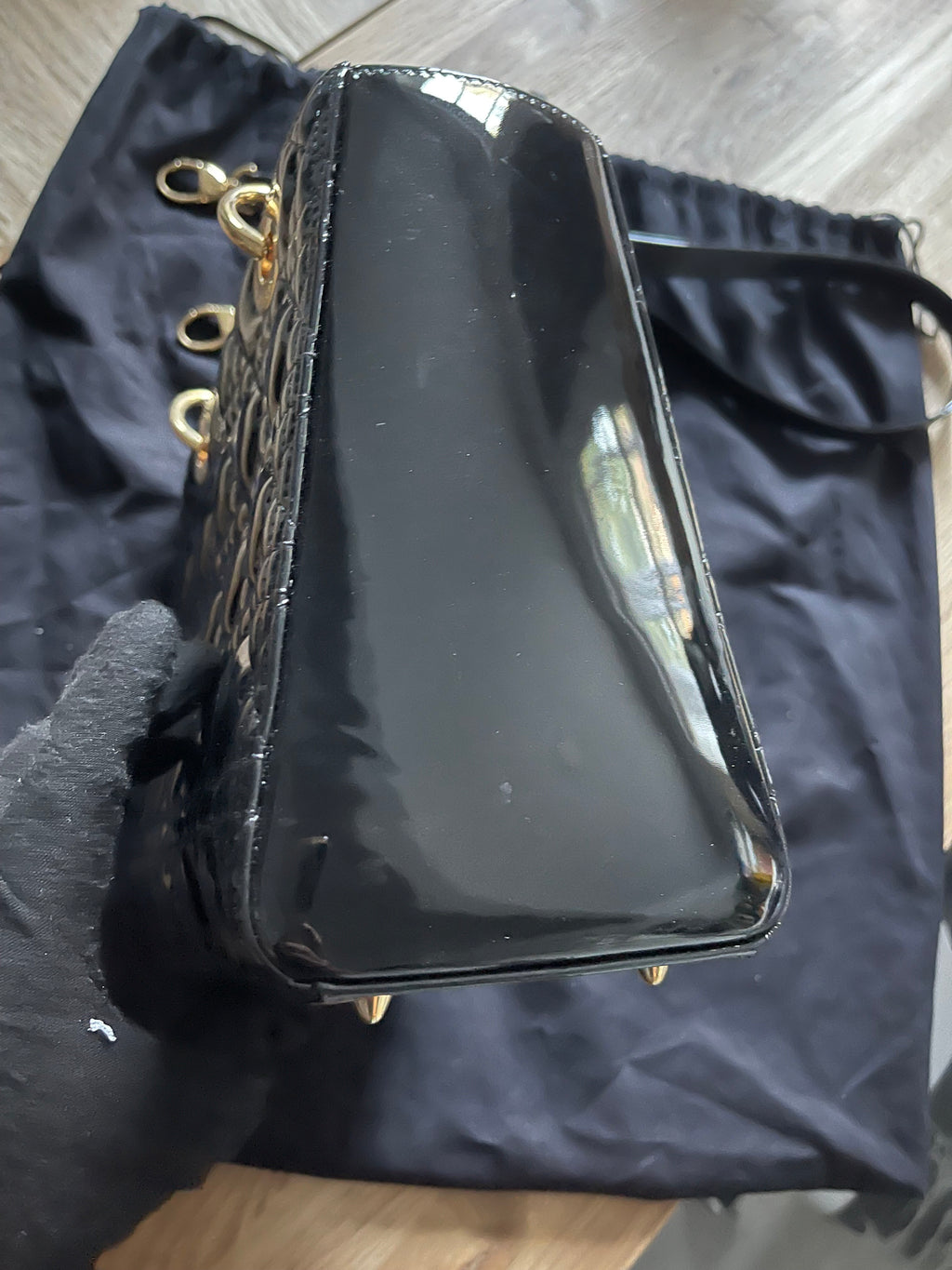 lady dior medium black gold hardware patent leather