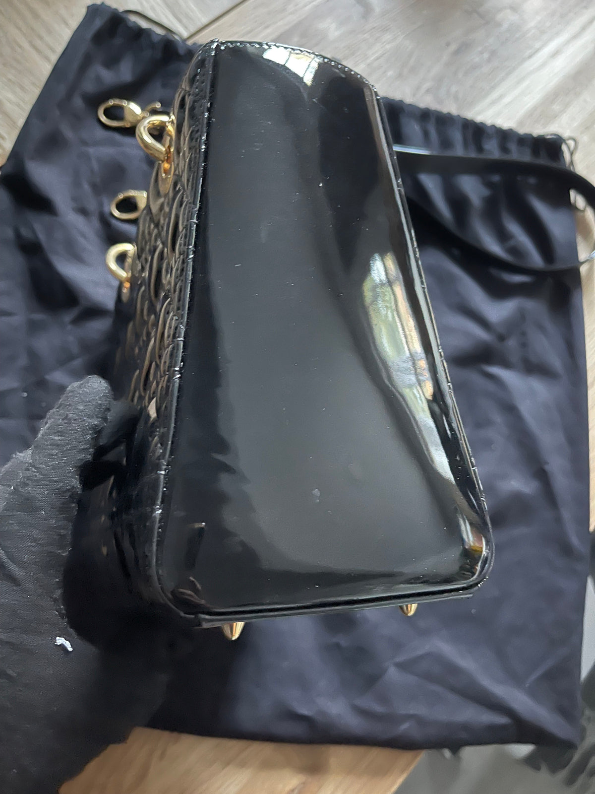 lady dior medium black gold hardware patent leather