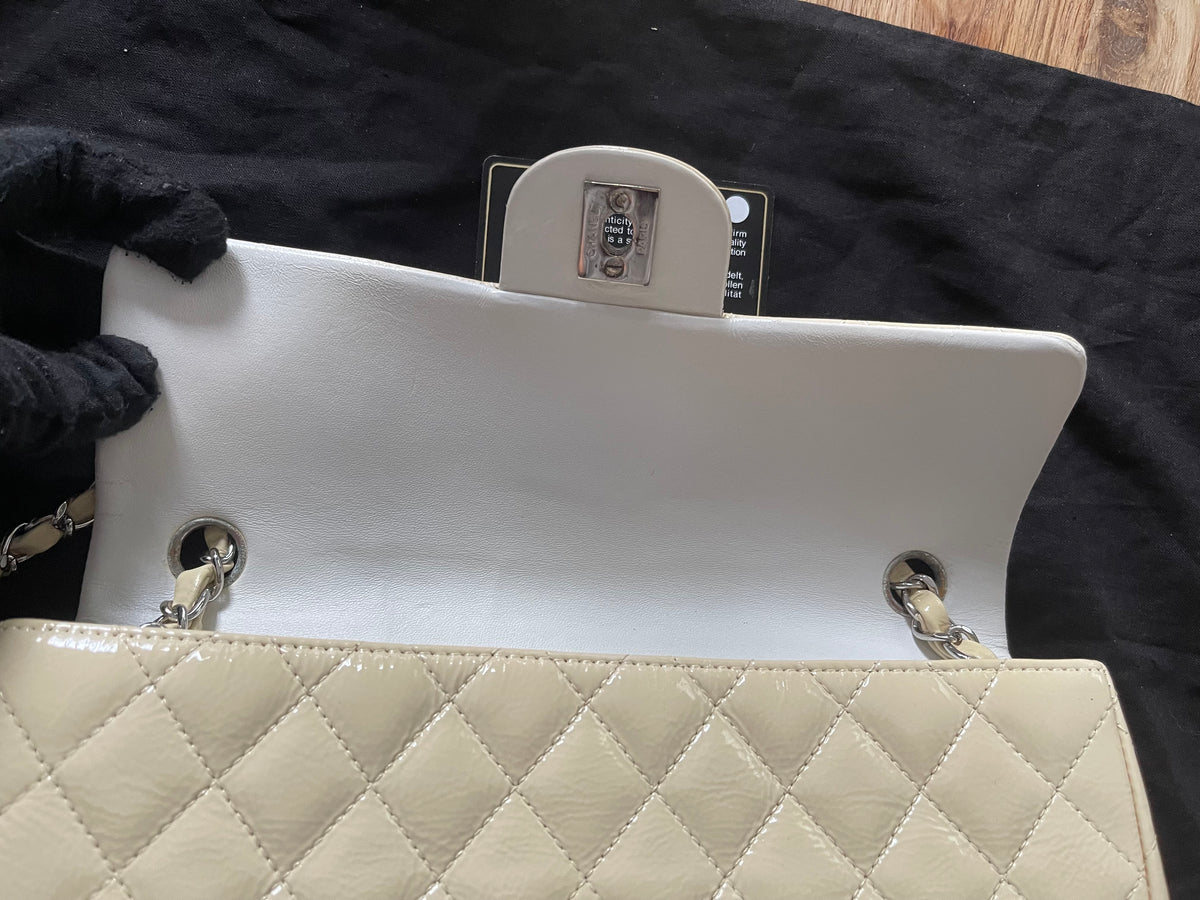 Chanel flap bag patent beige color