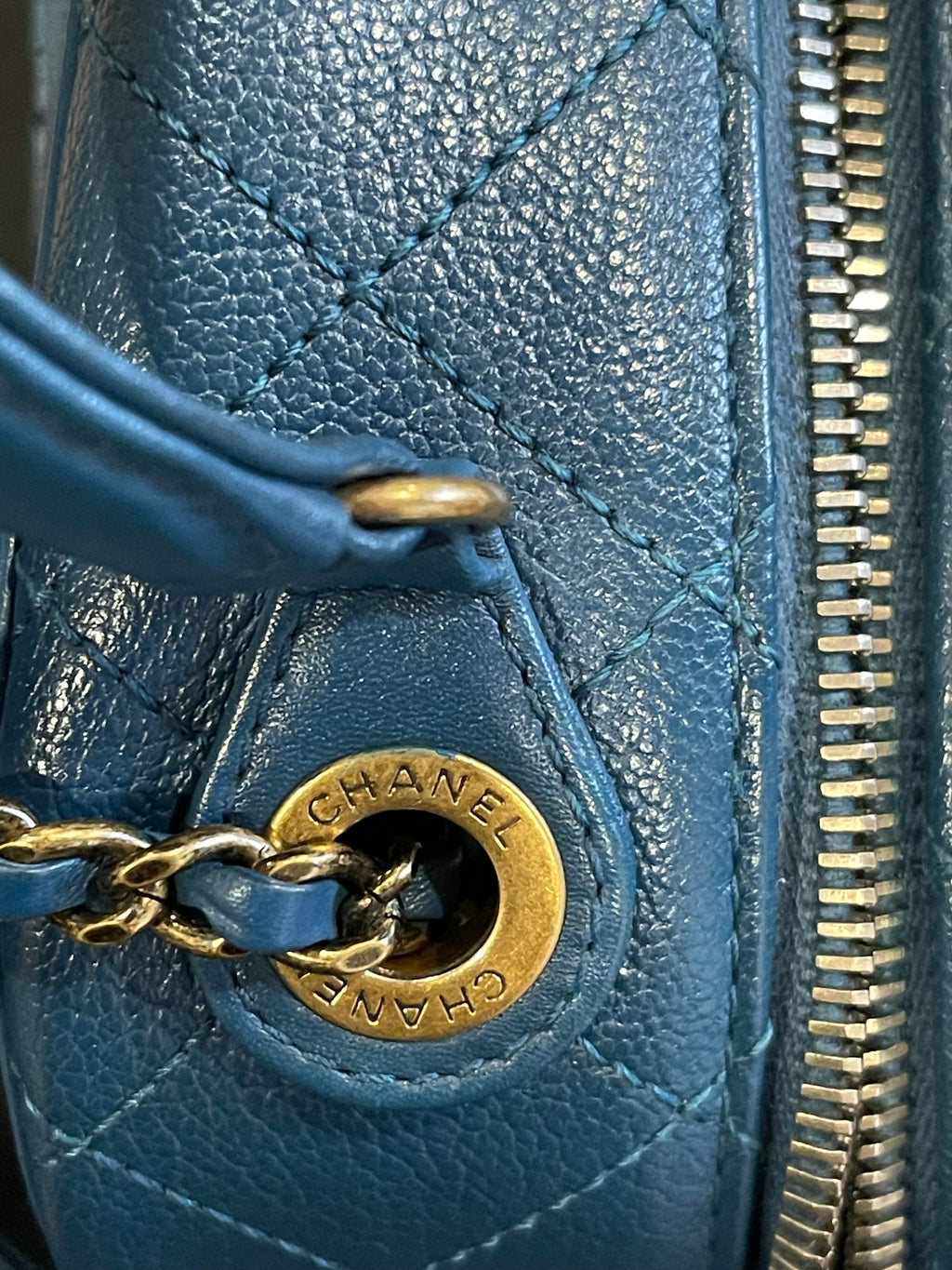chanel small blue bag gold hardware