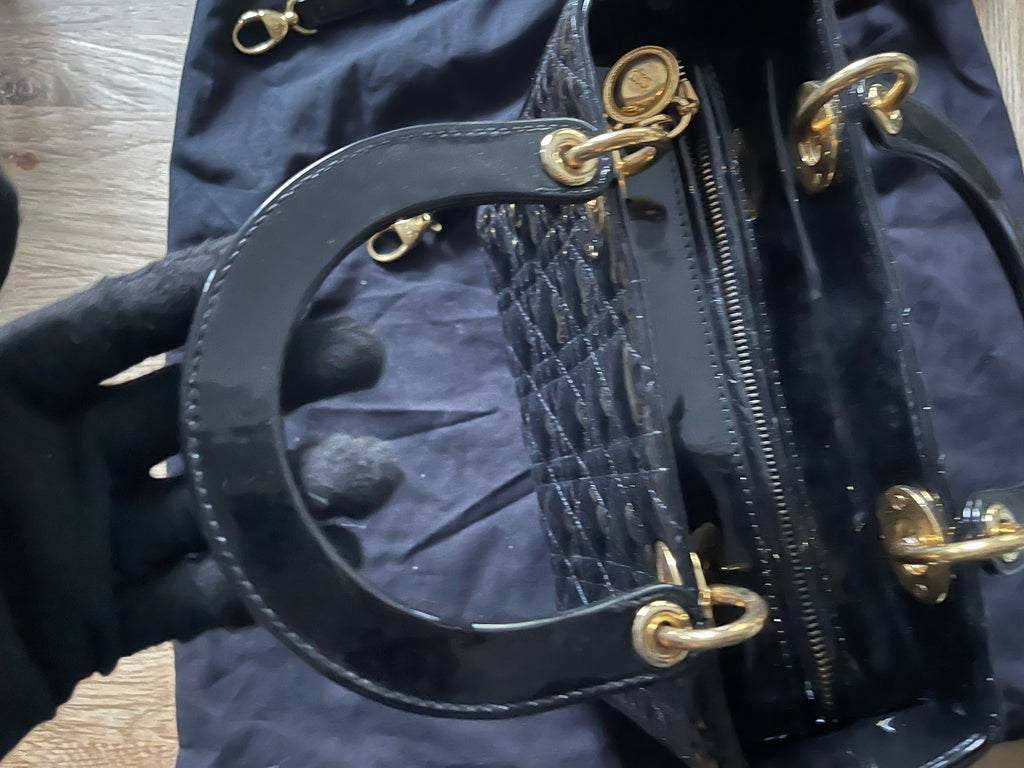 lady dior medium black gold hardware patent leather